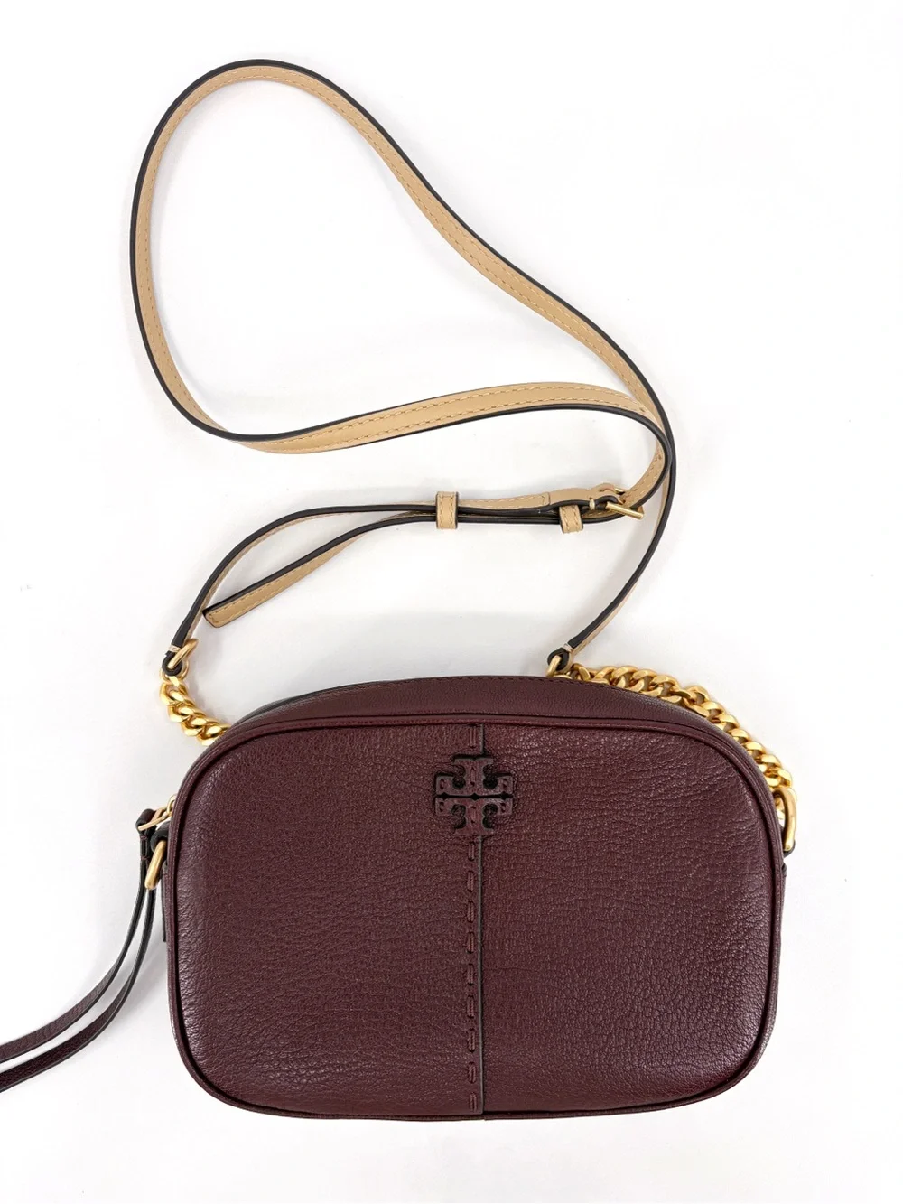 TORY BURCH McGraw Textured Leather Camera Bag in Wine Brown